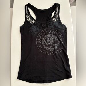 Harley-Davidson Black Lace-Trim Racerback Tank with Subtle Skull Logo